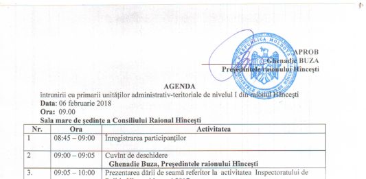Agenda întrunirii cu primarii autorităților administrativ-teritoriale de nivelul I din raionul Hîncești