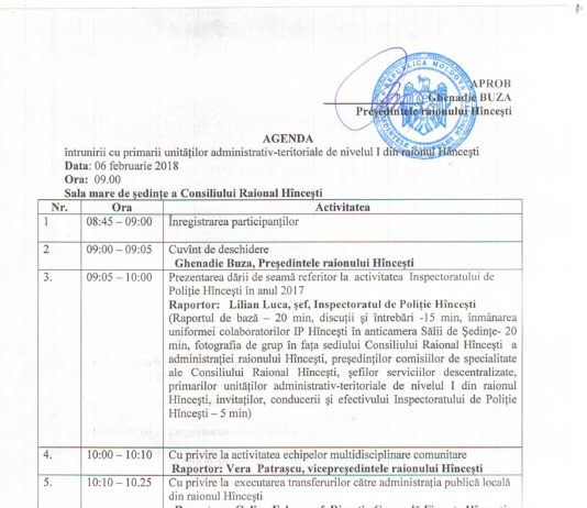 Agenda întrunirii cu primarii autorităților administrativ-teritoriale de nivelul I din raionul Hîncești