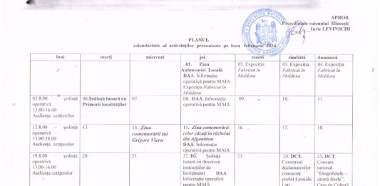 Planul calendaristic al activităților preconizate pentru luna februarie 2024