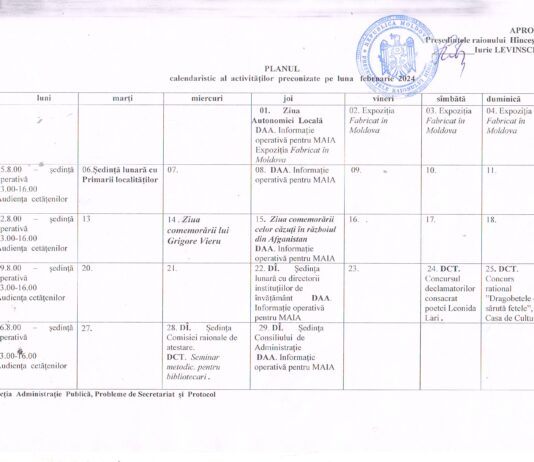 Planul calendaristic al activităților preconizate pentru luna februarie 2024